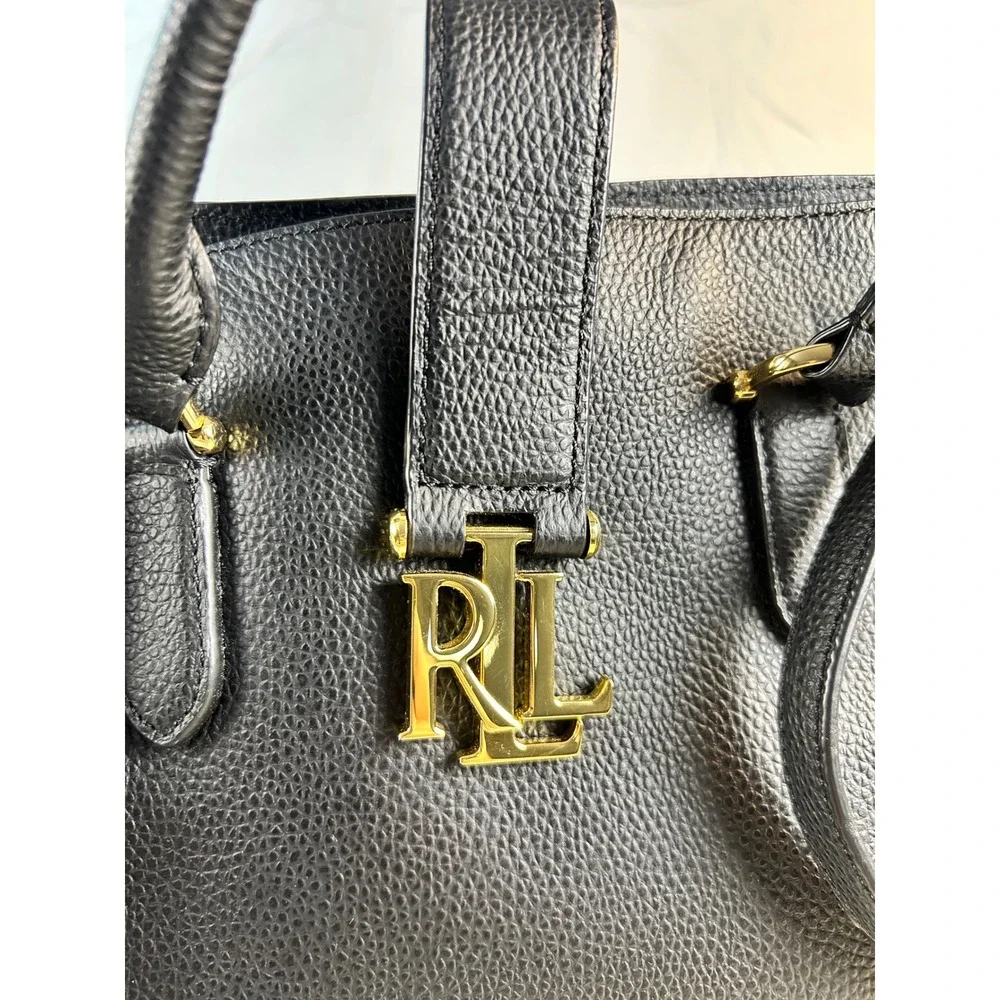 Lauren Ralph Lauren Marcy Black Pebbled Leather Satchel Bag Gold RL Logo Handbag